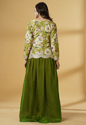 Digital Printed Organza Lehenga in Dark Green