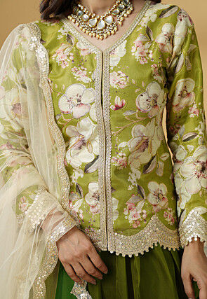 Digital Printed Organza Lehenga in Dark Green