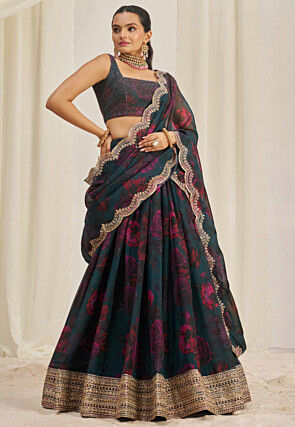 Digital Printed Organza Lehenga in Dark Teal Blue