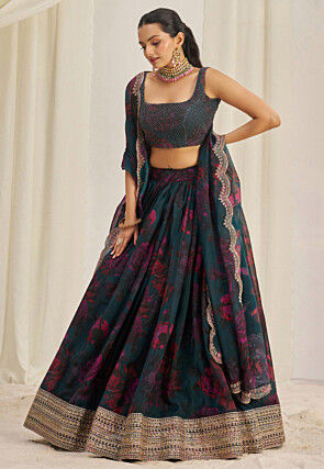 Digital Printed Organza Lehenga in Dark Teal Blue