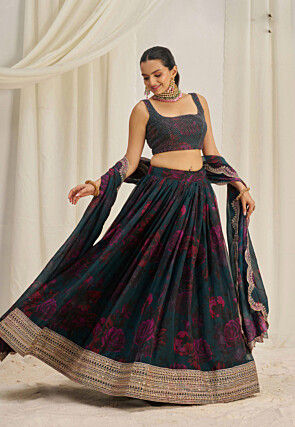 Digital Printed Organza Lehenga in Dark Teal Blue