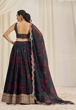 Digital Printed Organza Lehenga in Dark Teal Blue