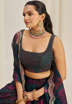 Digital Printed Organza Lehenga in Dark Teal Blue