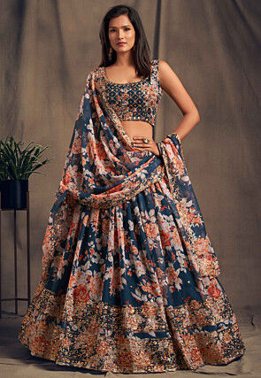 Digital Printed Organza Lehenga in Dark Teal Blue