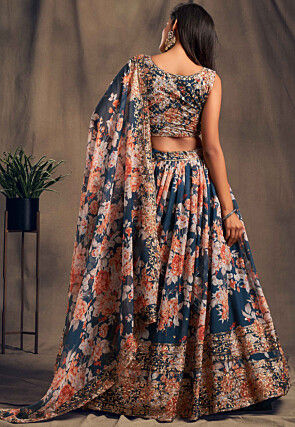Digital Printed Organza Lehenga in Dark Teal Blue