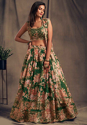Digital Printed Organza Lehenga in Green