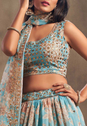 Digital Printed Organza Lehenga in Light Blue