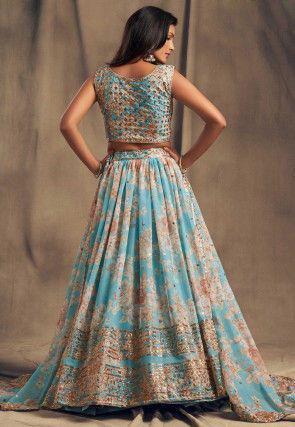Digital Printed Organza Lehenga in Light Blue