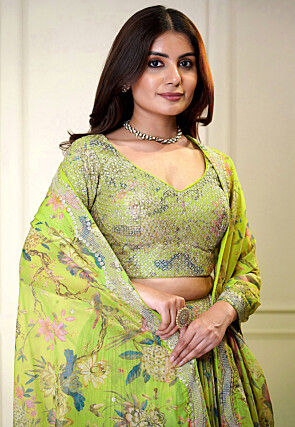 Digital Printed Organza Lehenga in Light Green