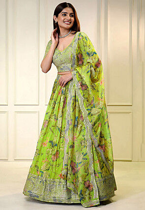Digital Printed Organza Lehenga in Light Green