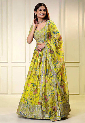 Digital Printed Organza Lehenga in Light Green