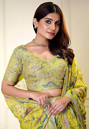 Digital Printed Organza Lehenga in Light Green