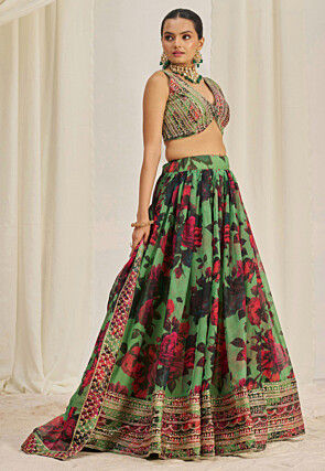 Digital Printed Organza Lehenga in Light Green