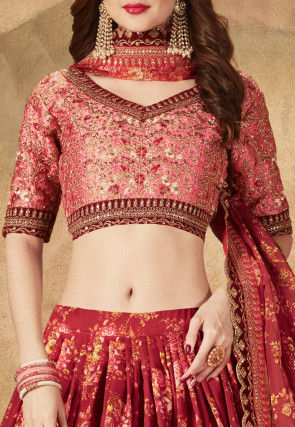 Digital Printed Organza Lehenga in Maroon