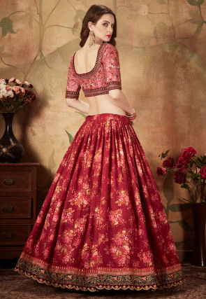 Digital Printed Organza Lehenga in Maroon