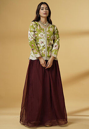 Digital Printed Organza Lehenga in Maroon