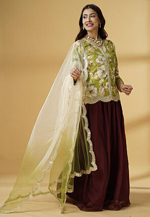 Digital Printed Organza Lehenga in Maroon