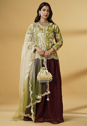 Digital Printed Organza Lehenga in Maroon