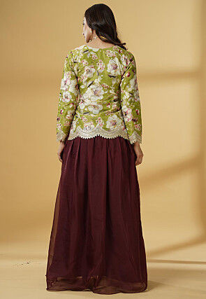 Digital Printed Organza Lehenga in Maroon