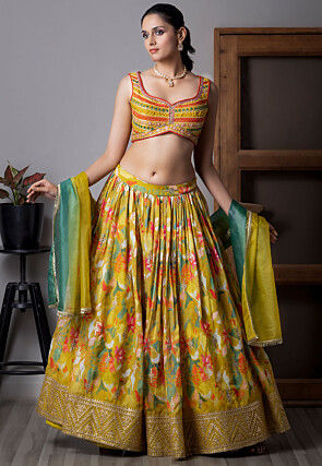 Digital Printed Organza Lehenga in Mustard