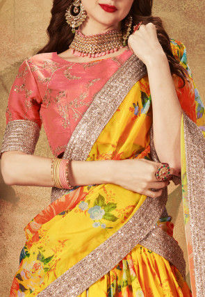 Digital Printed Organza Lehenga in Mustard