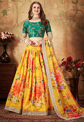 Digital Printed Organza Lehenga in Mustard