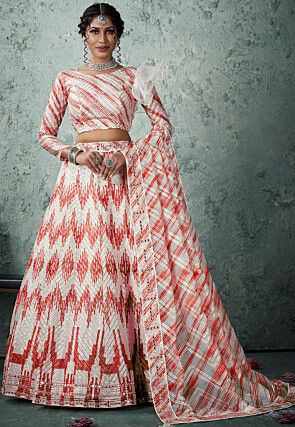 Digital Printed Organza Lehenga in Off White and Red