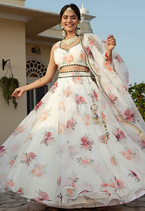Digital Printed Organza Lehenga in Off White