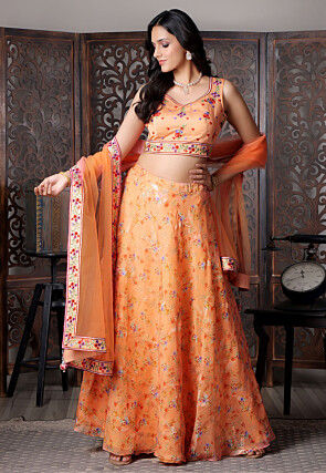 Digital Printed Organza Lehenga in Orange