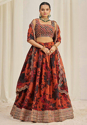 Digital Printed Organza Lehenga in Orange