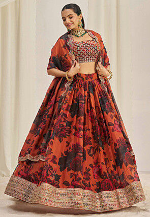 Digital Printed Organza Lehenga in Orange