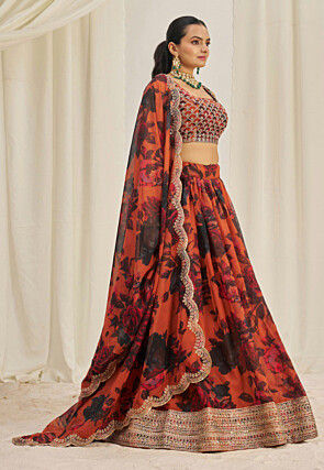 Digital Printed Organza Lehenga in Orange