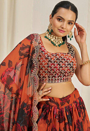 Digital Printed Organza Lehenga in Orange
