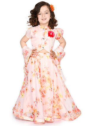 Digital Printed Organza Lehenga in Peach
