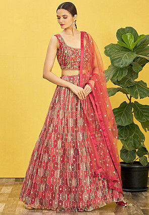 Digital Printed Organza Lehenga in Pink and Dark Old Rose