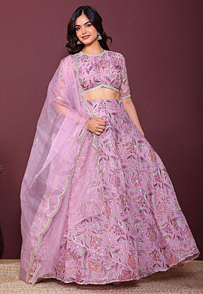 Digital Printed Organza Lehenga in Purple