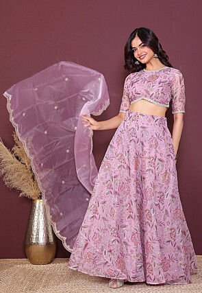 Digital Printed Organza Lehenga in Purple