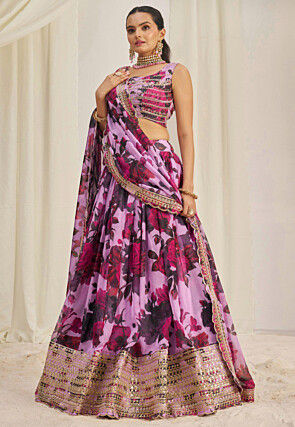 Digital Printed Organza Lehenga in Purple