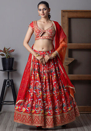Digital Printed Organza Lehenga in Red