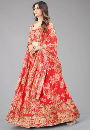 Digital Printed Organza Lehenga in Red
