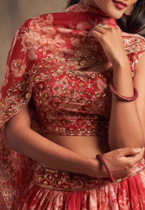 Digital Printed Organza Silk Lehenga in Red