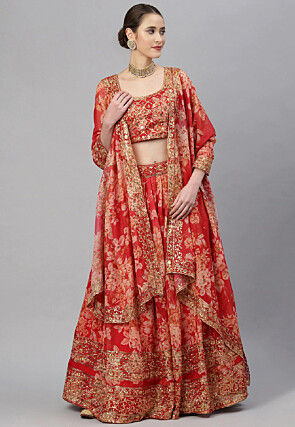 Digital Printed Organza Lehenga in Red