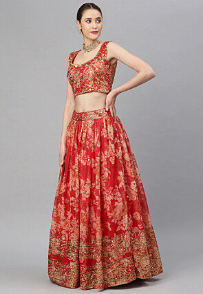 Digital Printed Organza Lehenga in Red