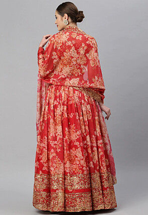 Digital Printed Organza Lehenga in Red