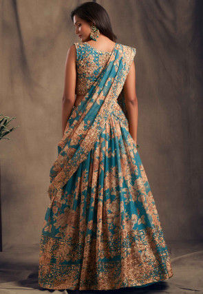 Digital Printed Organza Lehenga in Teal Blue