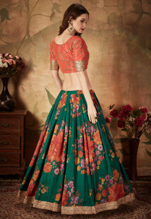 Digital Printed Organza Lehenga in Teal Green
