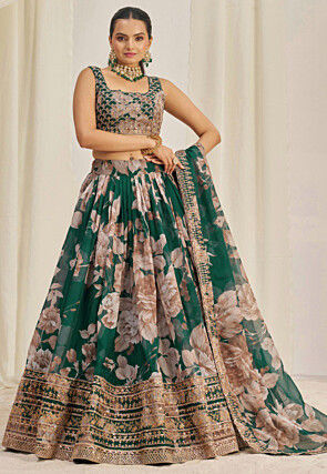 Digital Printed Organza Lehenga in Teal Green