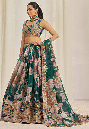 Digital Printed Organza Lehenga in Teal Green