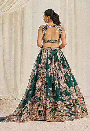 Digital Printed Organza Lehenga in Teal Green