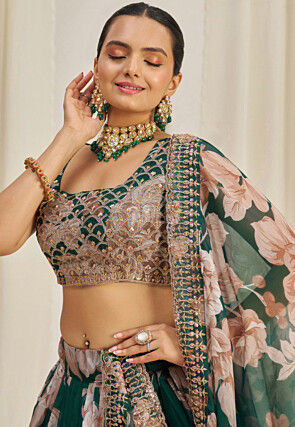 Digital Printed Organza Lehenga in Teal Green